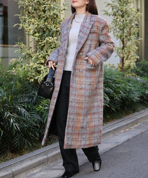セール】〈レディース商品〉チェック柄ロングシャギーチェスターコート