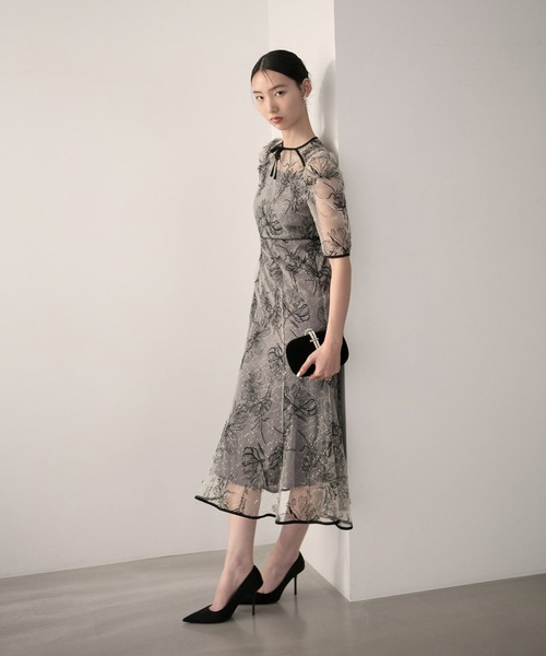 セール】【LEJA】半袖花柄刺繍レースフロントバックリボンパフスリーブ