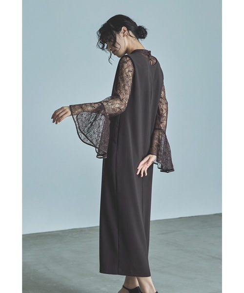 ベルスリーブスリットドレス パーティードレス 結婚式 同窓会 お呼ばれ