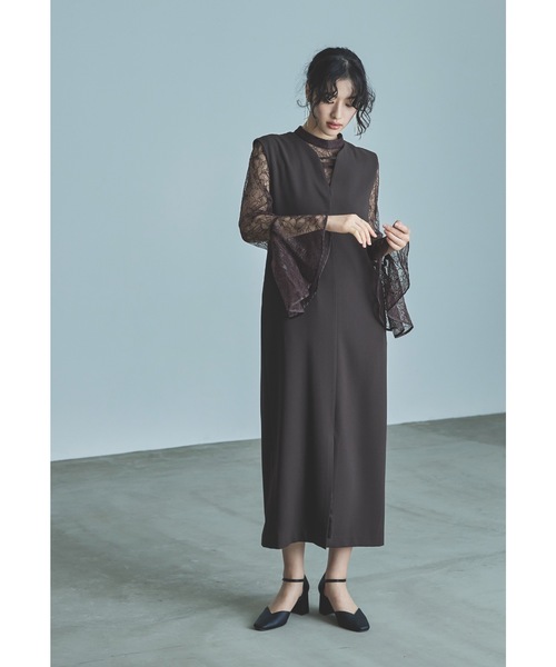 ベルスリーブスリットドレス パーティードレス 結婚式 同窓会 お呼ばれ