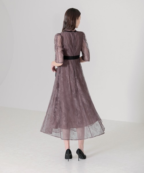 セール】【LEJA】ウエストマークパフスリーブ総レースロングドレス