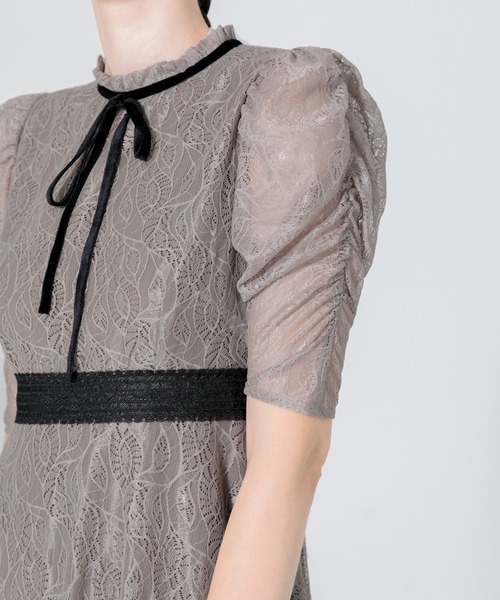 セール】【LEJA】ウエストマークパフスリーブ総レースロングドレス