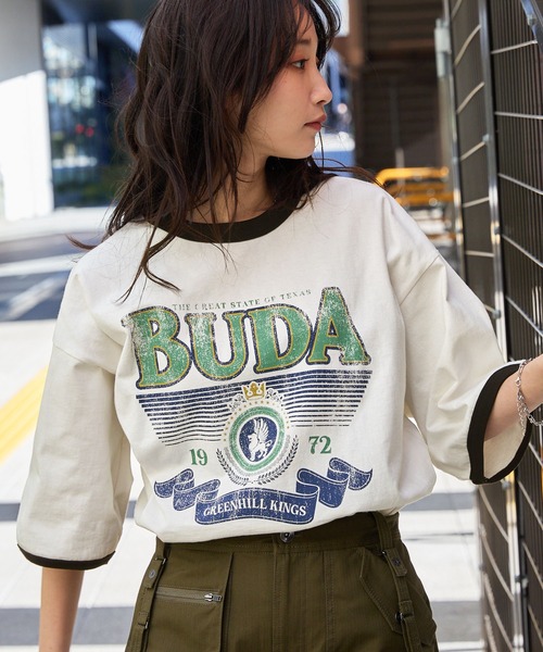 ヴィンテージライクロゴデザイン ビッグシルエットリンガー半袖Tシャツ