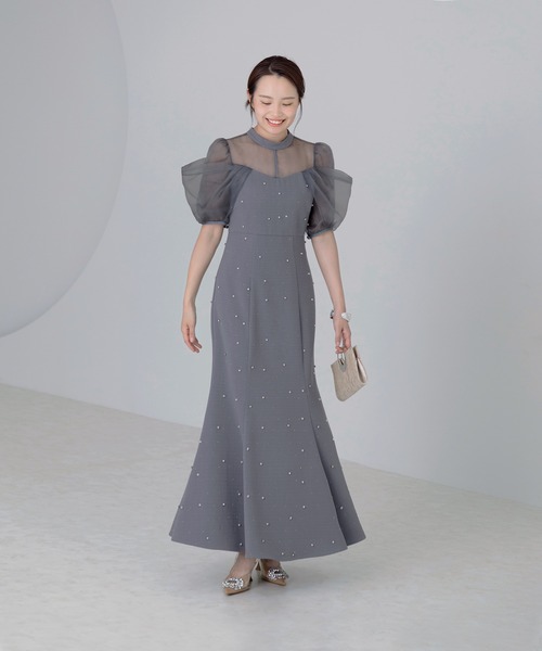 LEJA-パールビジューオーガンジーレースマーメイドドレス グレー Leja