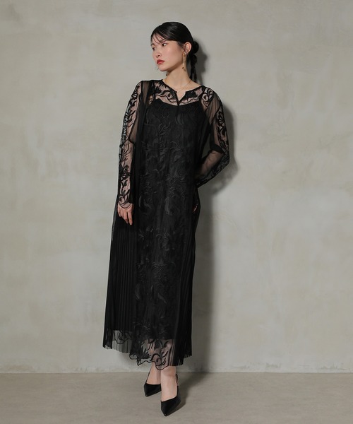 サイドプリーツ 刺繍レース ワンピース パーティー ドレス 結婚式