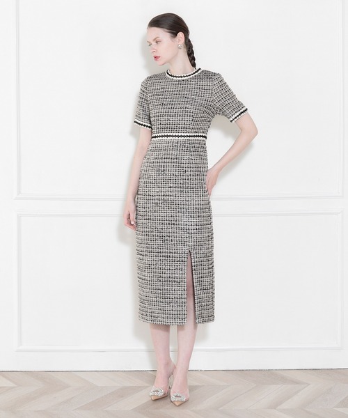 Leja（レジャ）の「【LEJA】美脚効果スリット入りツイード柄ハイ