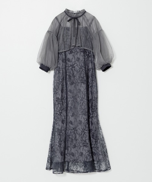 セール】【LEJA】リボン付きパフスリーブシアーボレロ刺繍レース