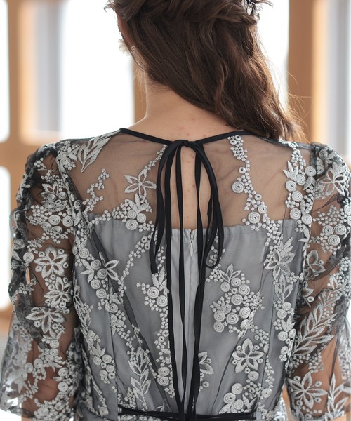 PREFERIR 刺繍レース バックリボンパーティードレス結婚式M グレー