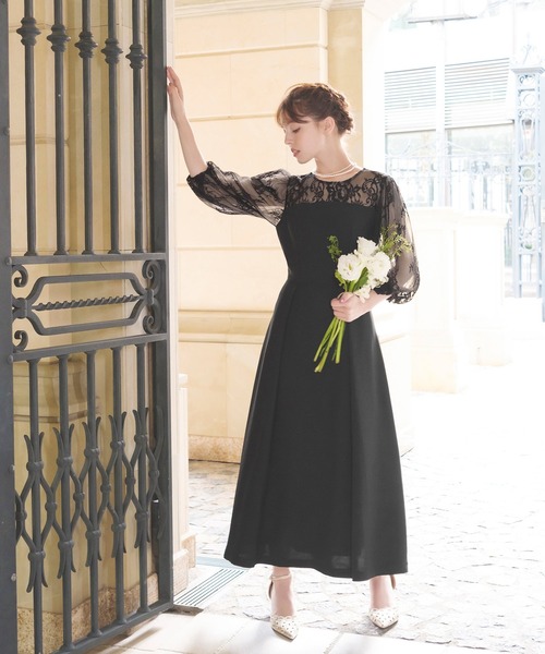 セール】レース切替えパフスリーブ フレア ロング 結婚式 ワンピース