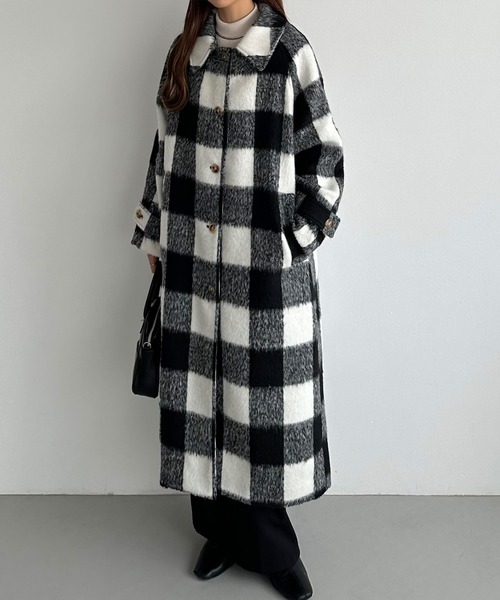 セール】シャギーチェックロングコート（ステンカラーコート