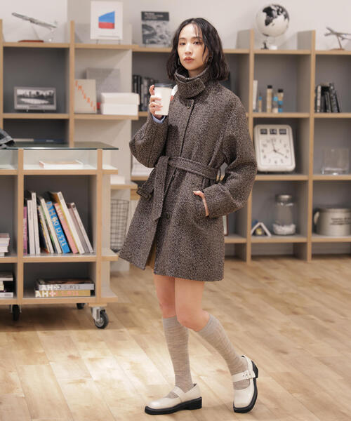 セール】◇スタンドカラーミドル丈ツイードコート（ステンカラーコート