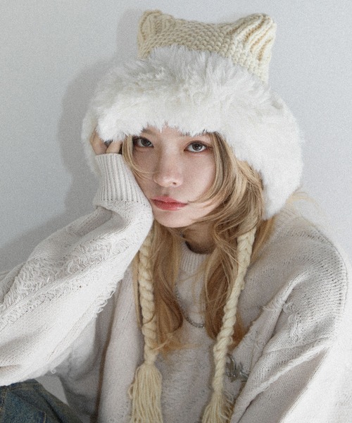 Buyer's Select/畦編みボリューム猫耳バラクラバ（ニットキャップ