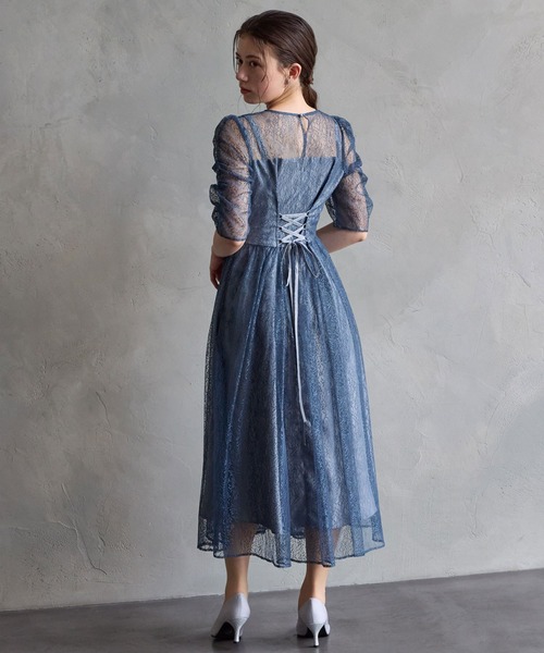 ギャザースリーブレースアップパーティードレス 結婚式 お呼ばれ