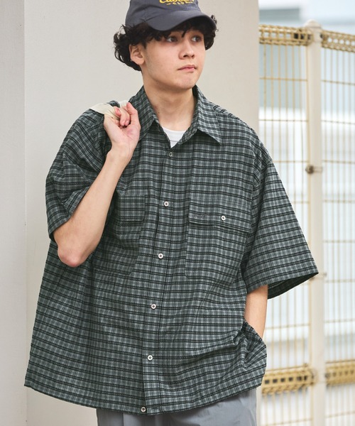 HECT】Big W-pocket Draw Cord Seersucker Check S/S Shirt / ビッグ