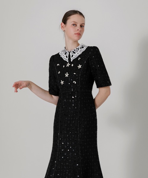 LEJA】レース花柄ビジュー付きスパンコールフレアマーメイドシルエット