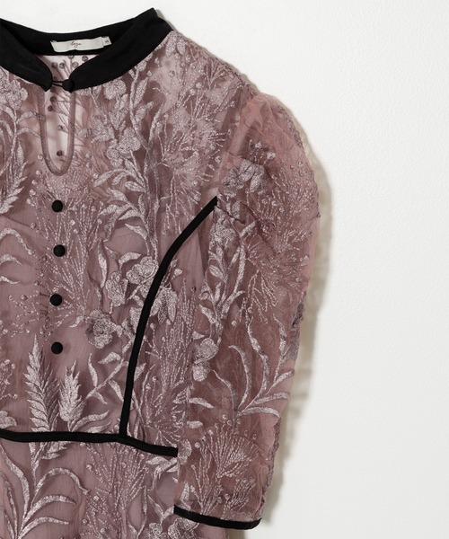 セール】【LEJA】花柄刺繍レースチュールパフスリーブウエストマーク