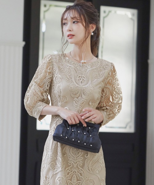 刺繍レース バックリボン タイトドレス 同窓会 二次会 ドレス（ドレス