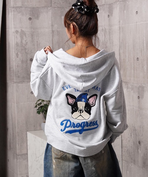 フレンチブルドッグ サガラ刺繍 ジップパーカー / French Bulldog