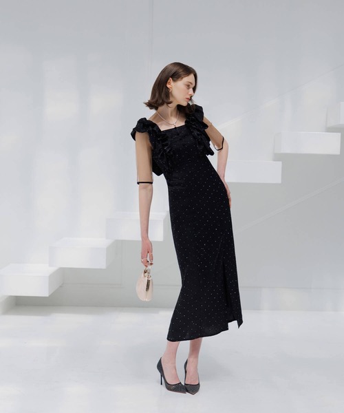 セール】【LEJA】フリルショルダーストーンIラインドレスワンピース