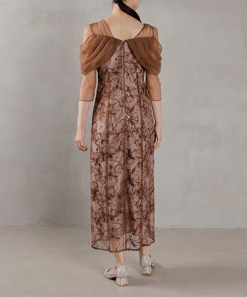 チュールドレープ スパンコール 花刺繍 ドレス 結婚式 パーティー