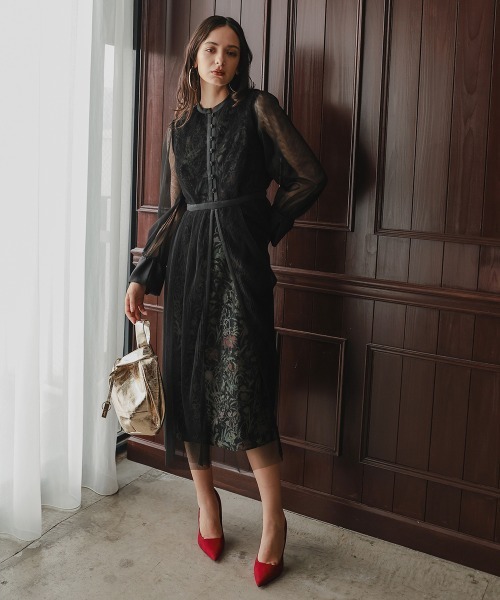 リニューアル［Callarus］チュール使い花柄デザインワンピースドレス