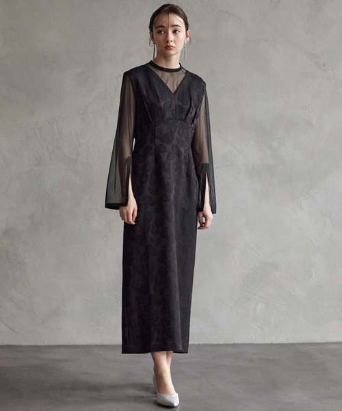 チュールブラウス付きジャカードIラインパーティードレス 20代 30代 40