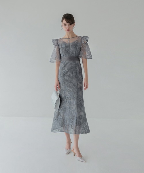 セール】【LEJA】フラワーレースシアーフリルマーメイドドレス