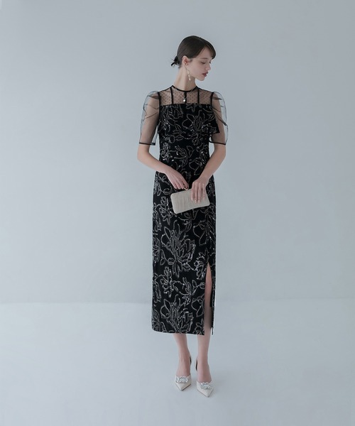 セール】【LEJA】ドットチュールフラワースパンコールIラインドレス