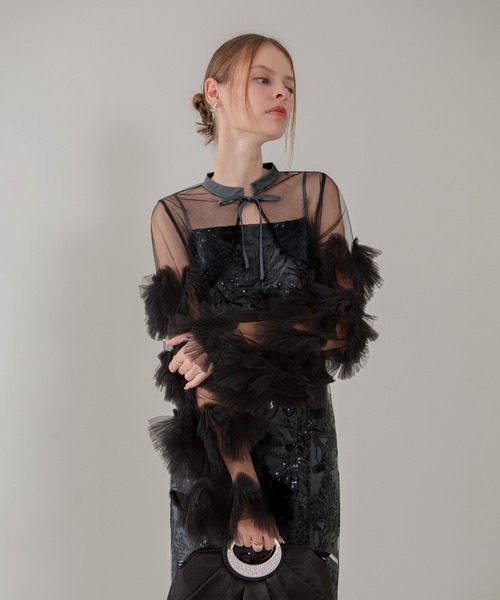 セール】【LEJA】フリルチュールスリーブリボンIラインワンピース