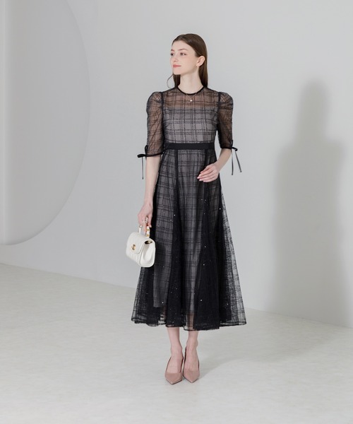 LEJAスパンコール刺繍レーススリーブIラインロングドレス LEJA