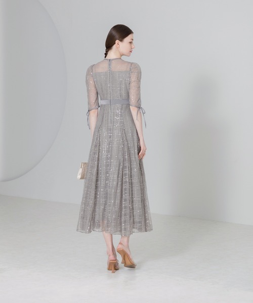 セール】【LEJA】チェック刺繍スパンコールチュール素材袖リボン