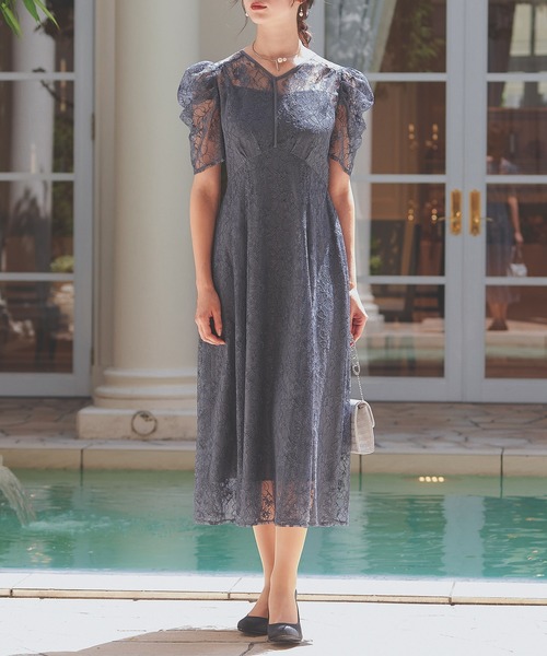 総レース パイピング ワンピース パーティー ドレス 結婚式 お呼ばれ