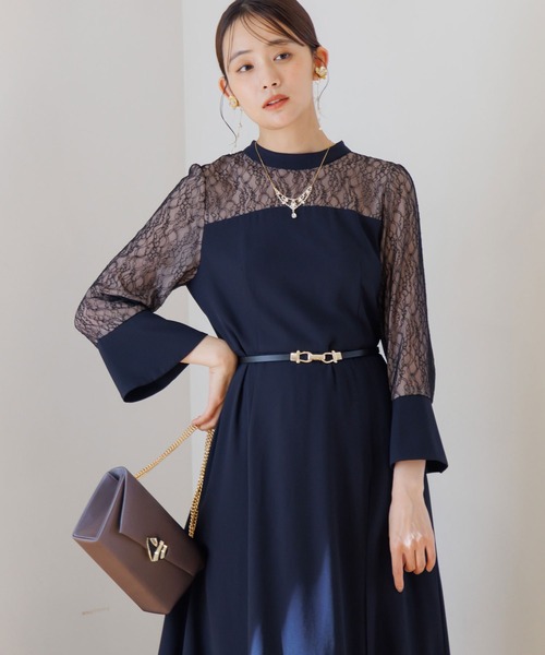 スタンドカラー スリットワンピース+プリーツスカート/セットアップ