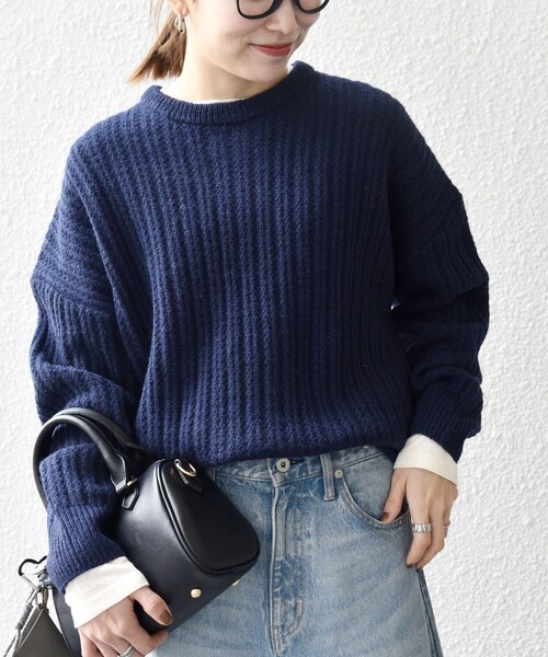 SHIPS any: リブ タック編み クルーネック ボタン ニット プルオーバー