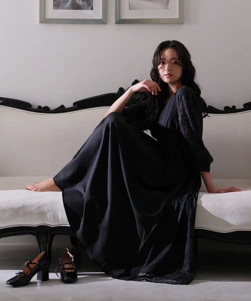 セール】レース切り替え パーティードレス 大きいサイズロング&袖あり