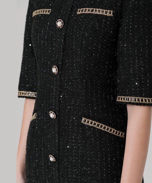 セール】【LEJA】ラメ混ツイードレザーパイピングパール釦スパンコール