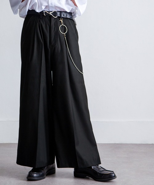 セール】420g/mTR配色ステッチワイドルーズ袴パンツ/センタープレス 袴