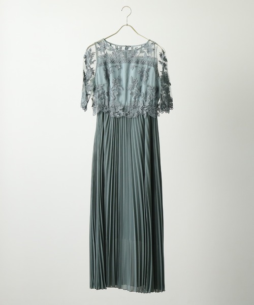 フラワー刺繍 レース 切り替え プリーツロング パーティー ドレス 結婚