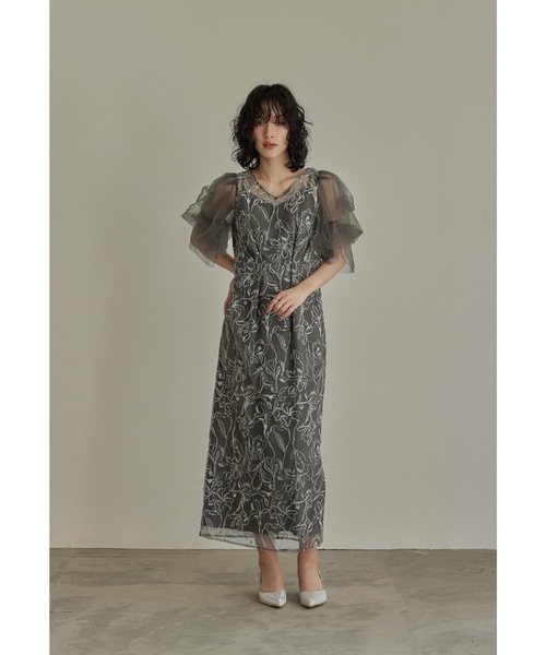 フラフィースリーブペンシルドレス 結婚式 パーティードレス