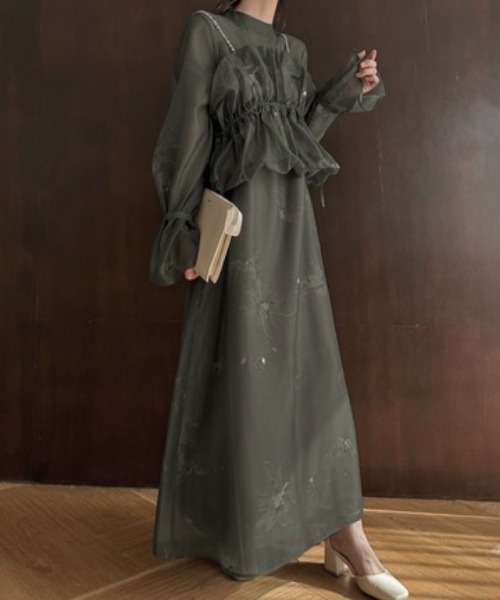 セール】pearl shoulder camisole set original big flower print OP