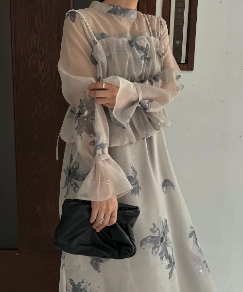 セール】pearl shoulder camisole set original big flower print OP