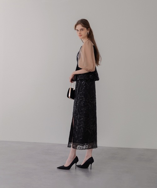 セール】【LEJA】シアーパフスリーブペプラムスパンコール花柄Iライン