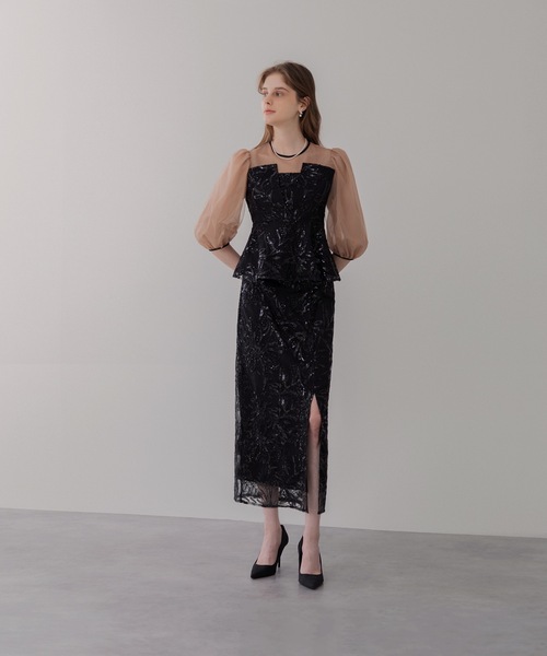 セール】【LEJA】シアーパフスリーブペプラムスパンコール花柄Iライン