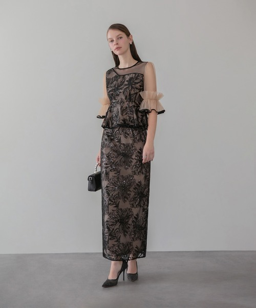 セール】【LEJA】アシンメトリーシアーフラワースパンコールフリル