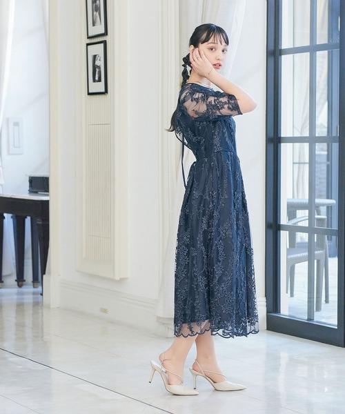 刺繍レース バックリボン パーティードレス 同窓会 二次会 （ドレス