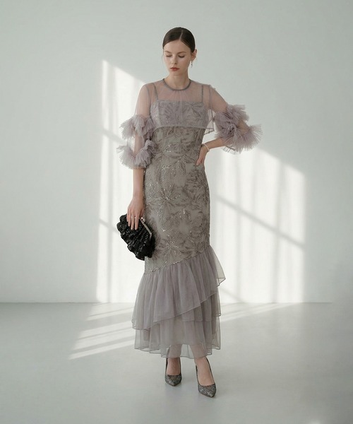 フラワースパンコールチュールフリルスリーブIラインワンピースドレス