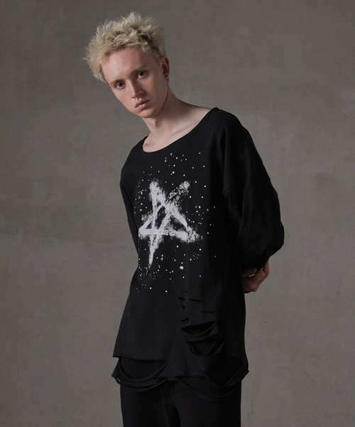 GRANCY】LinestoneDesign Graphic Damage LongTee / ラインストーン