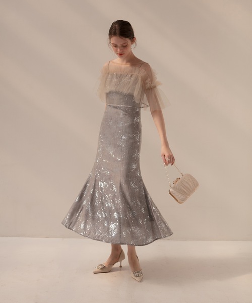 セール】【LEJA】チュールフリルボレロペイントマーメイドドレス