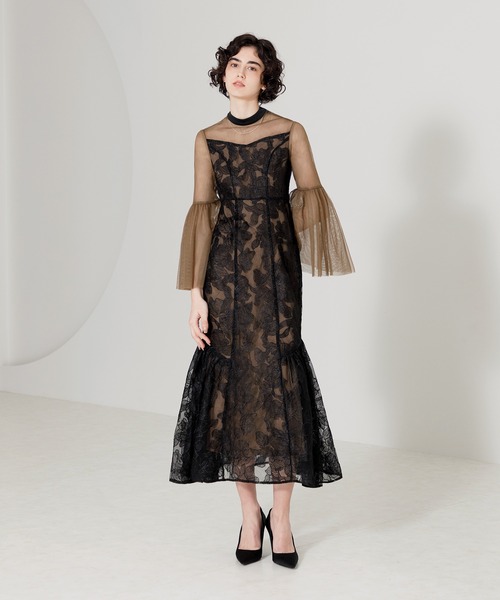 Leja シアー刺繍レースプリーツIラインロングワンピースドレス レジャ