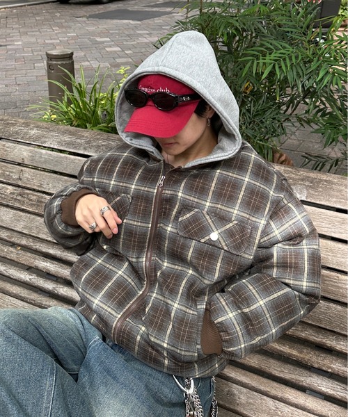 ADAMASTE（アダマスト）の「zip up hoodie check blouson - ジップ